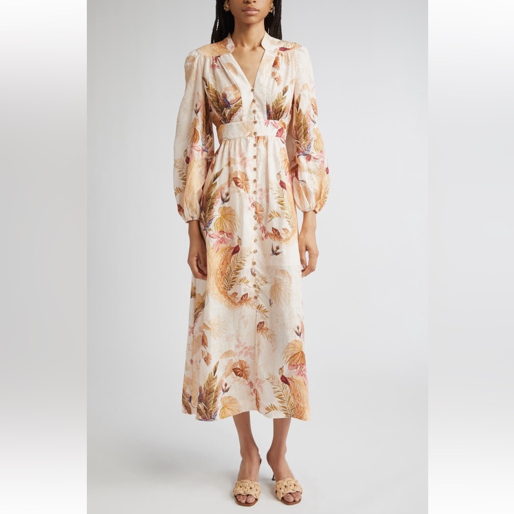Zimmermann Ascension Linen Long sleeves Midi Dress In Cream Palm Bird Au 0 US 4